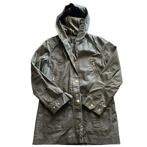 J Crew Field Jacket Green Waxed Cotton Military Coat Women's S Hood Gold Hardwa